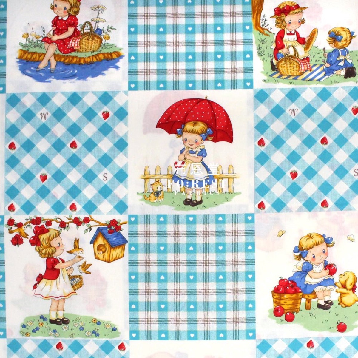 cotton - Picnic Strawberry fabric Blue