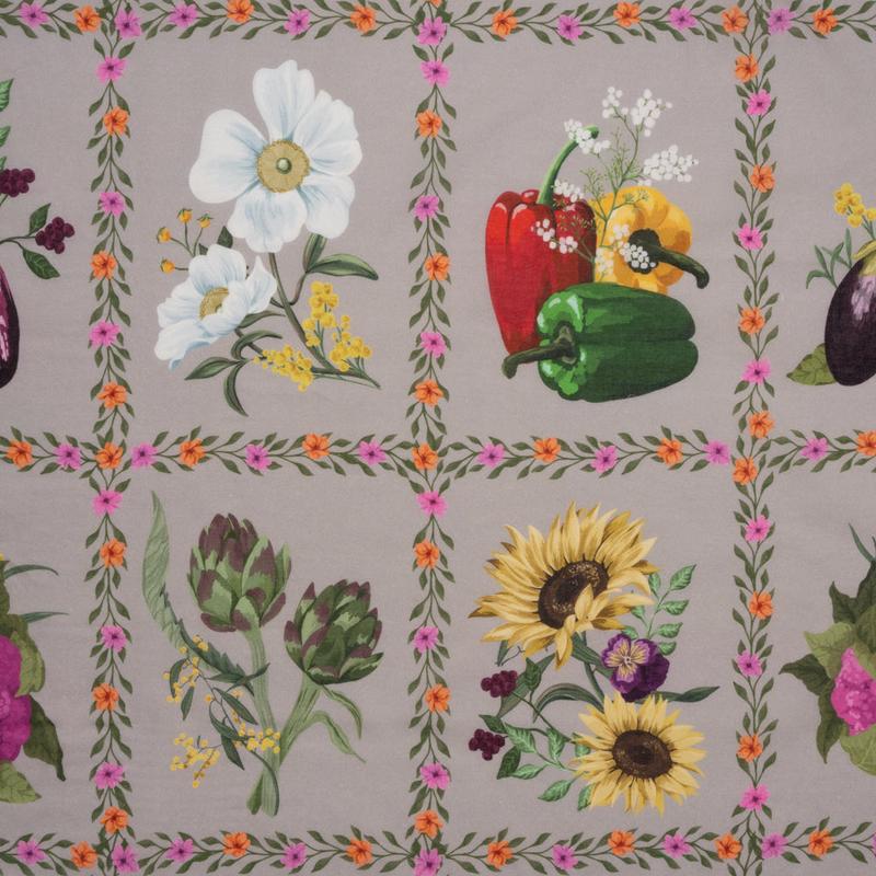 Cotton Voile Print - Beige, Yellow and Purple Floral and Vegetable Grid - Mood Exclusive Sunday with Nonna