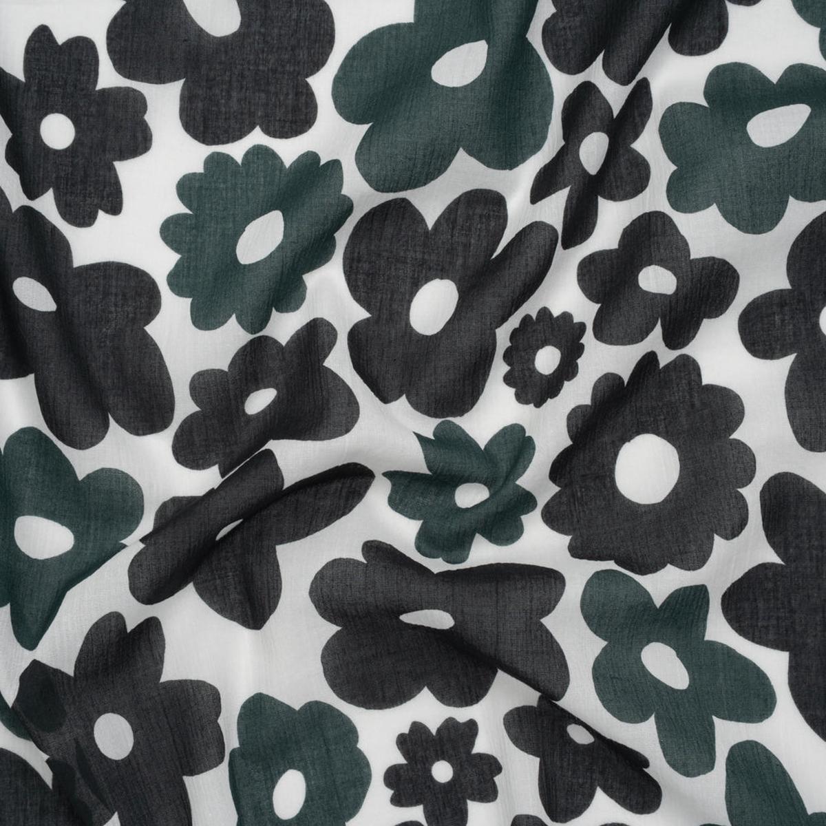 Crinkled Cotton Gauzy Woven - Navy Blue, Black and White Retro Florals - Mood Exclusive Boogie & Bloom Print