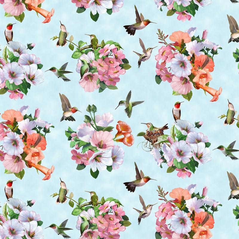 Dating Games Hummingbirds Azure Blue Bradley Jackson & Mark Kelso Elizabeth's Studio Cotton Fabric 1