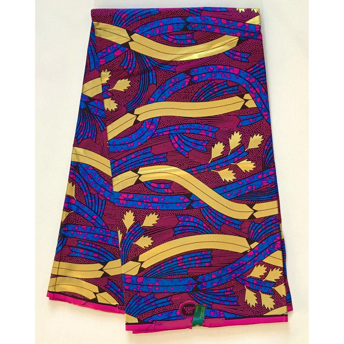 Dinah Design 100% Cotton Fabric - Magenta, Blue, Shimmering Gold African Print, 46" Width (Per Yard)