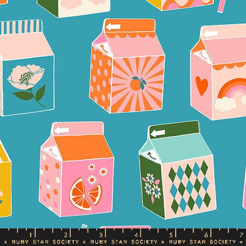 Juicy Fruit Juice Box Vintage Dark Turquoise Blue Melody Miller Ruby Star Society Moda Cotton Fabric 1/2