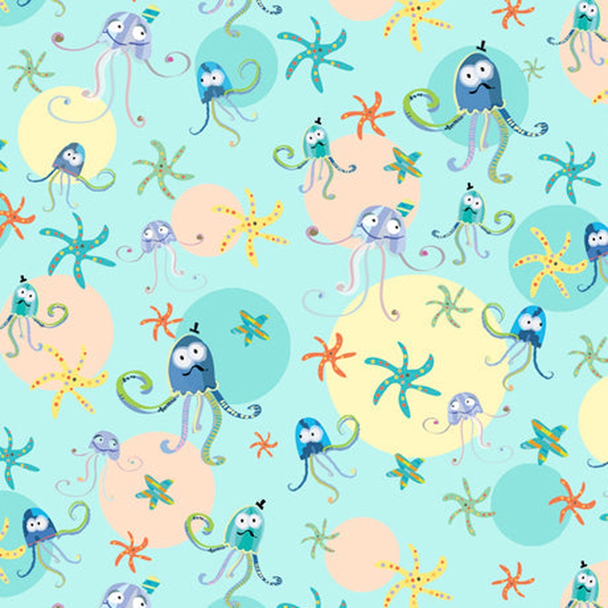 Sea Buddies Jelly Fish Starfish Aqua Blue Dan Morris Quilting Treasures Cotton Fabric 1