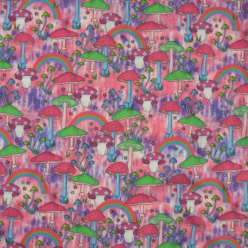 Stretch Cotton Poplin Print - Pink, Green and Blue Mushrooms and Rainbows - Mood Exclusive Magic Mushrooms