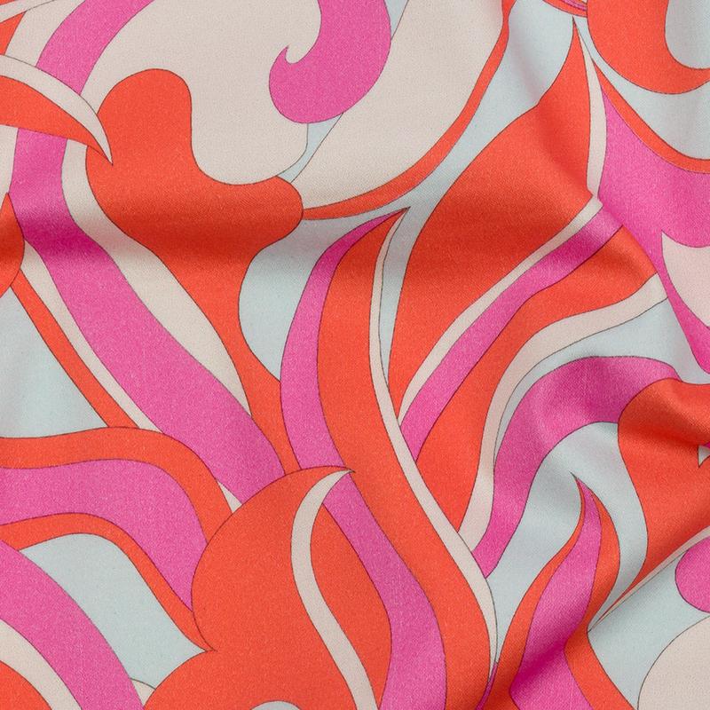Stretch Cotton Sateen - Hot Pink and Orange Abstract - Wave Hello Print - Mood Exclusive Groove Collection