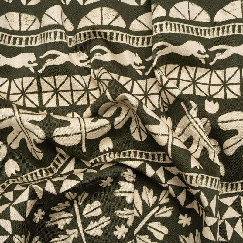 Stretch Cotton Twill Print - Dark Olive Animal, Leaf, and Geometric Stripes - Mood Exclusive Puma Pounce