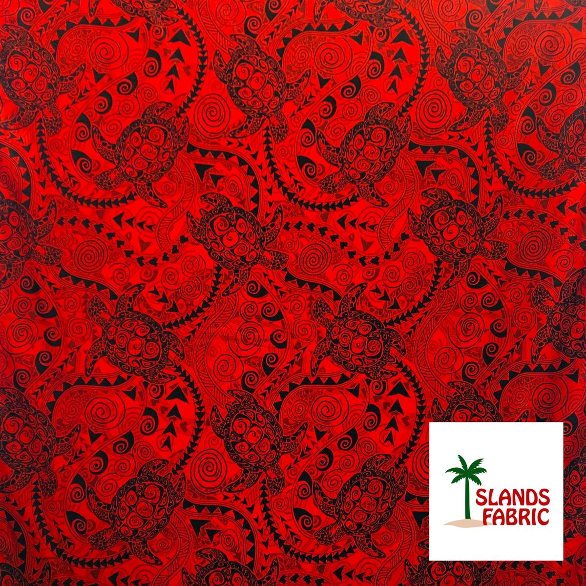 Tiki Turtle All Over Cotton Fabric - Purple, Blue, Natural, Red Tiki Turtle Print, 45" Width (1 Yard)