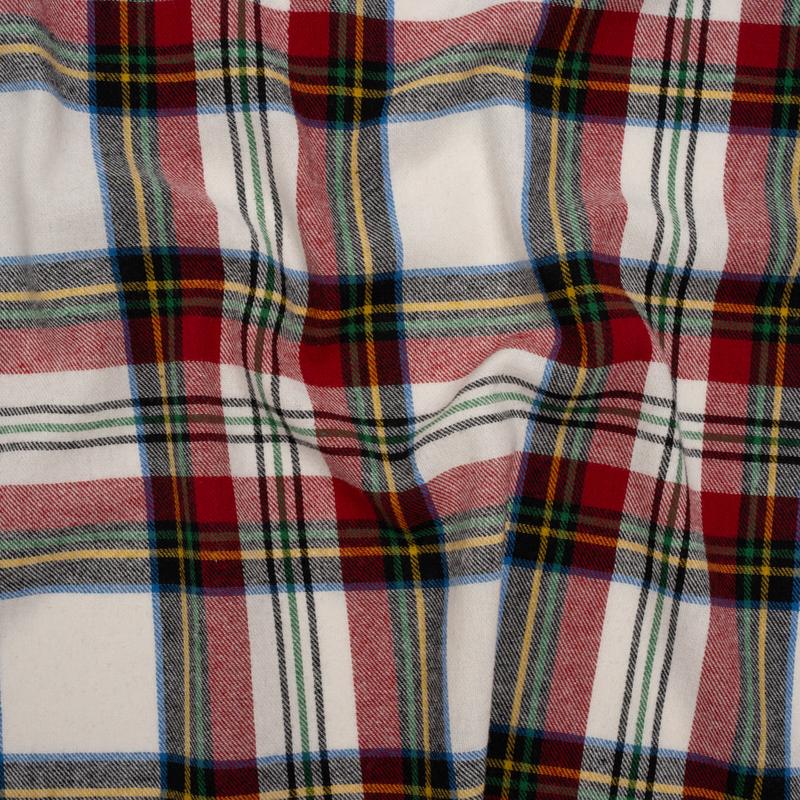 Yarn-Dyed Lightweight Cotton Twill Flannel - White, Red and Green Plaid - Deadstock