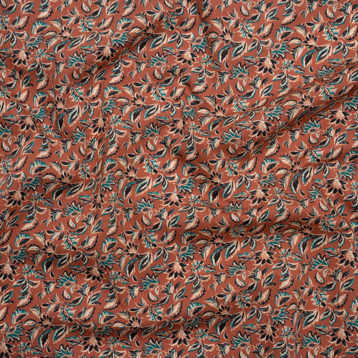 Cotton Poplin Print - Burnt Orange and Teal Leaves - Mood Exclusive Cranberry Corral