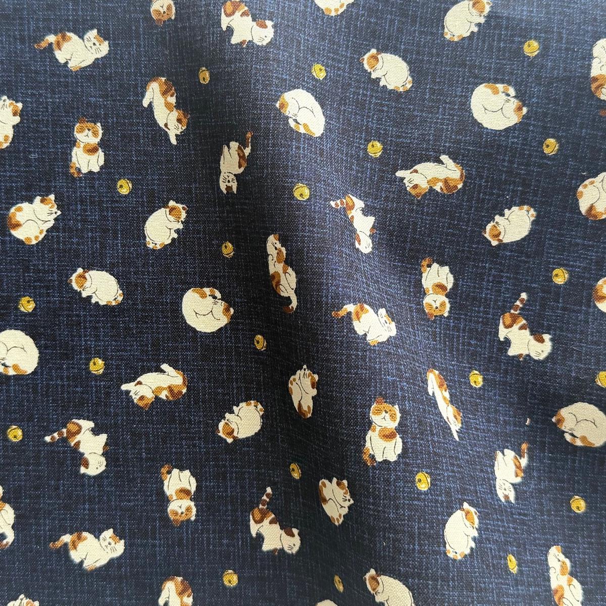 Kasuri Playful Cats & Bells Navy Quilting Cotton (Made in Japan)