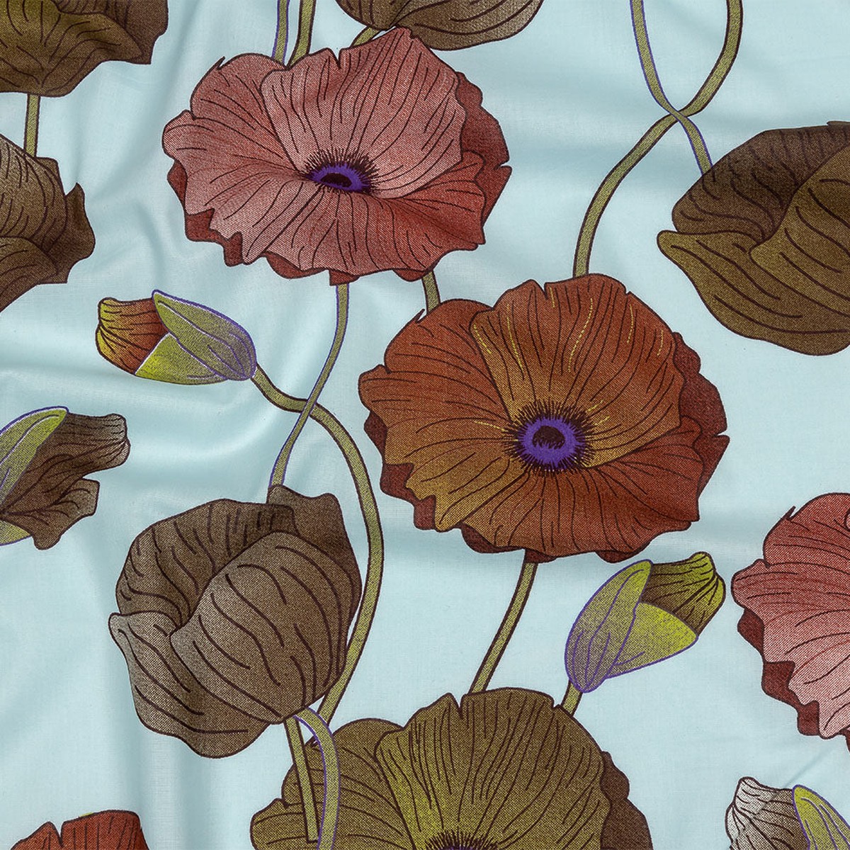 Sky Olive and Red Big Poppies Cotton Lawn