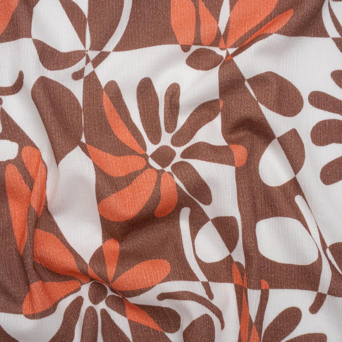 Slubbed Gauzy Cotton Woven - Brown, Coral and White Retro Geometric Patchwork and Flowers - Mood Exclusive Graphic Garden Print