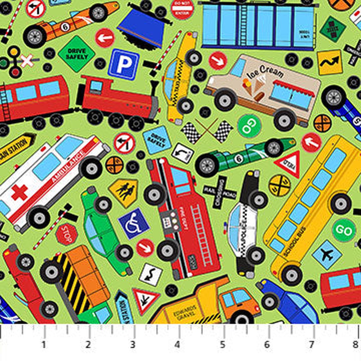 All Around Town Vehicle Toss Green Deborah Edwards Northcott Cotton Fabric 1/2