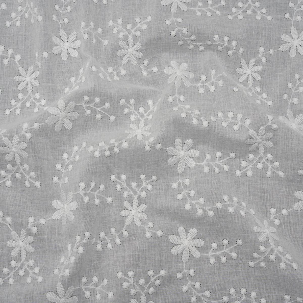 Embroidered Eyelet Cotton Voile - White Flowers on Branches - Naomi Collection