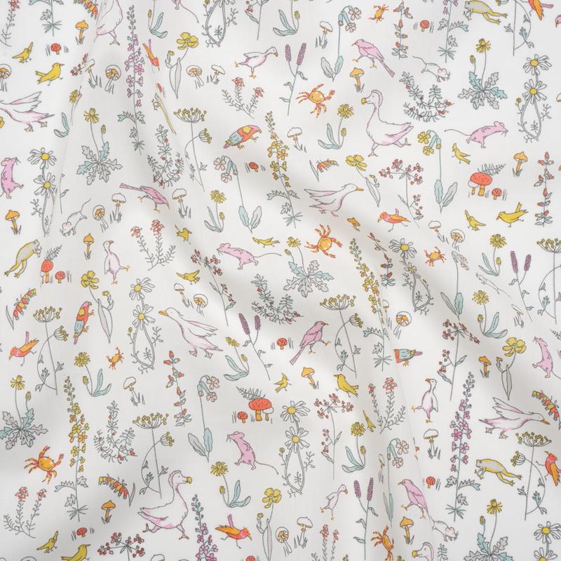 Liberty Fabrics Tana Lawn - Theo Multi Pastel - Pink, Yellow and Blue Cartoon Creatures and Flowers