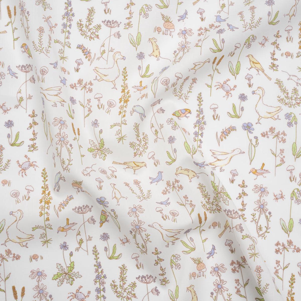 Liberty Fabrics Tana Lawn - Theo Yellow - Pale Yellow, Spring Green and Blue Cartoon Creatures and Flowers
