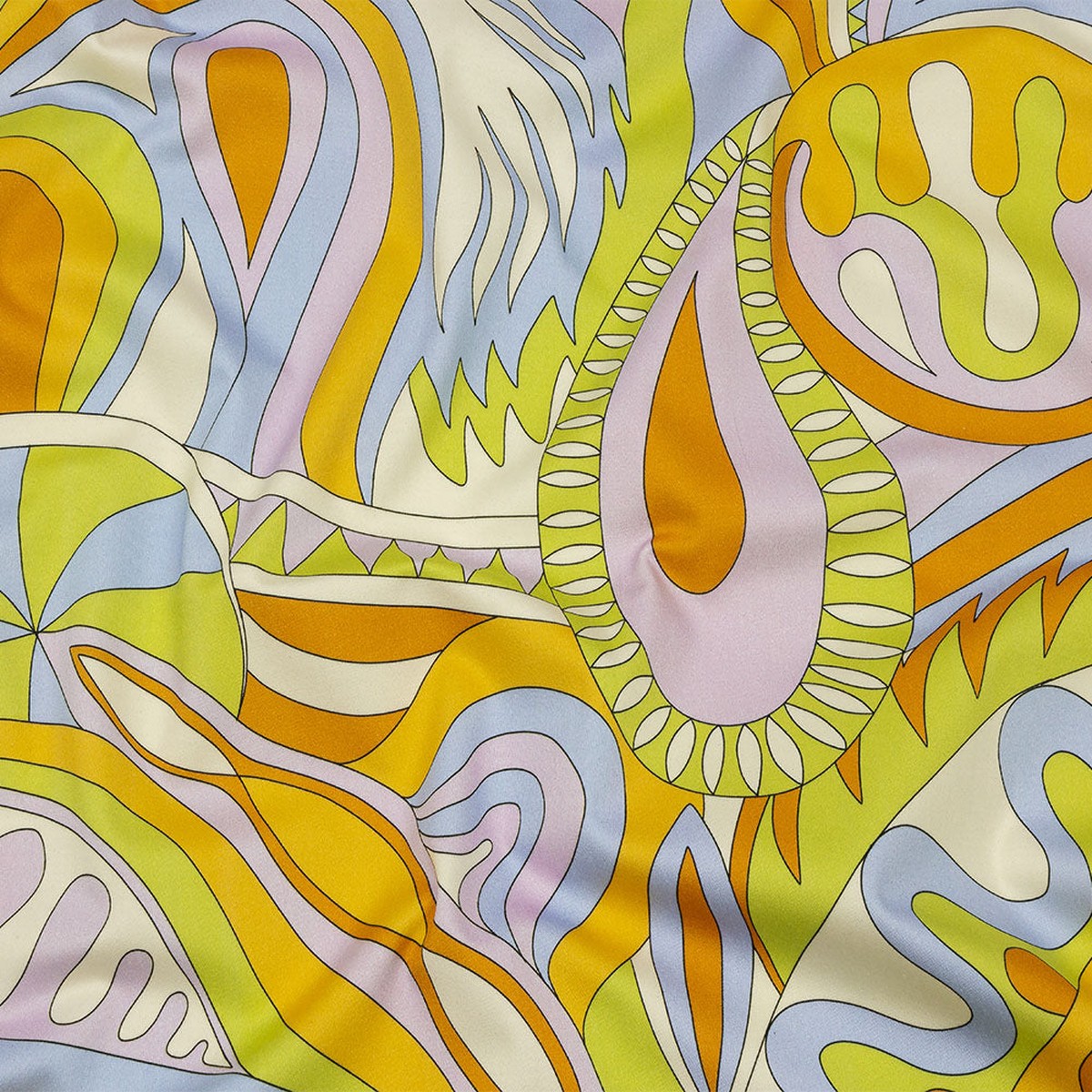 Stretch Cotton Sateen - Lime Blue and Brown Paisley and Abstract - Surf City Psychedelia Print - Mood Exclusive Groove Collection