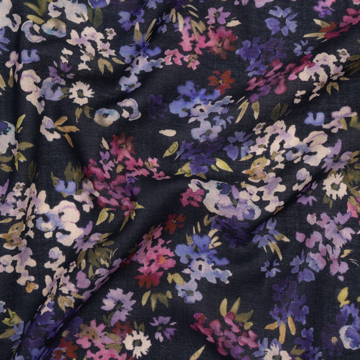 Cotton Crepe - Navy Magenta and Indigo Little Watercolor Flowers - Mood Exclusive Sonnet for Summer Print