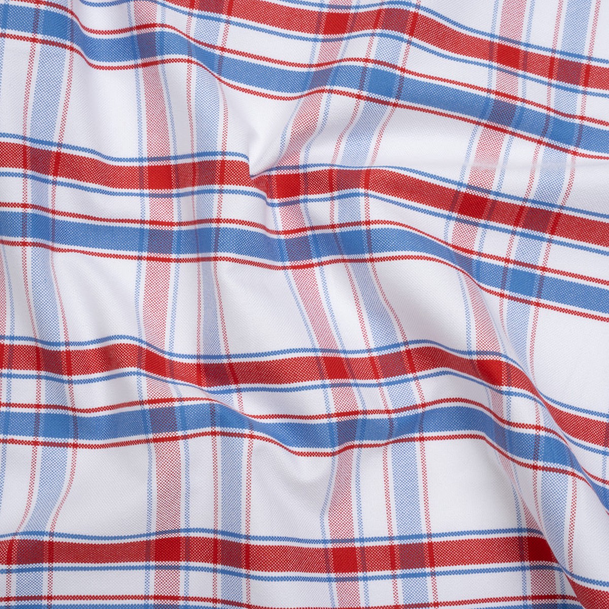 Cotton Oxford Shirting - Sky Blue Tango Red and White Plaid - Deadstock
