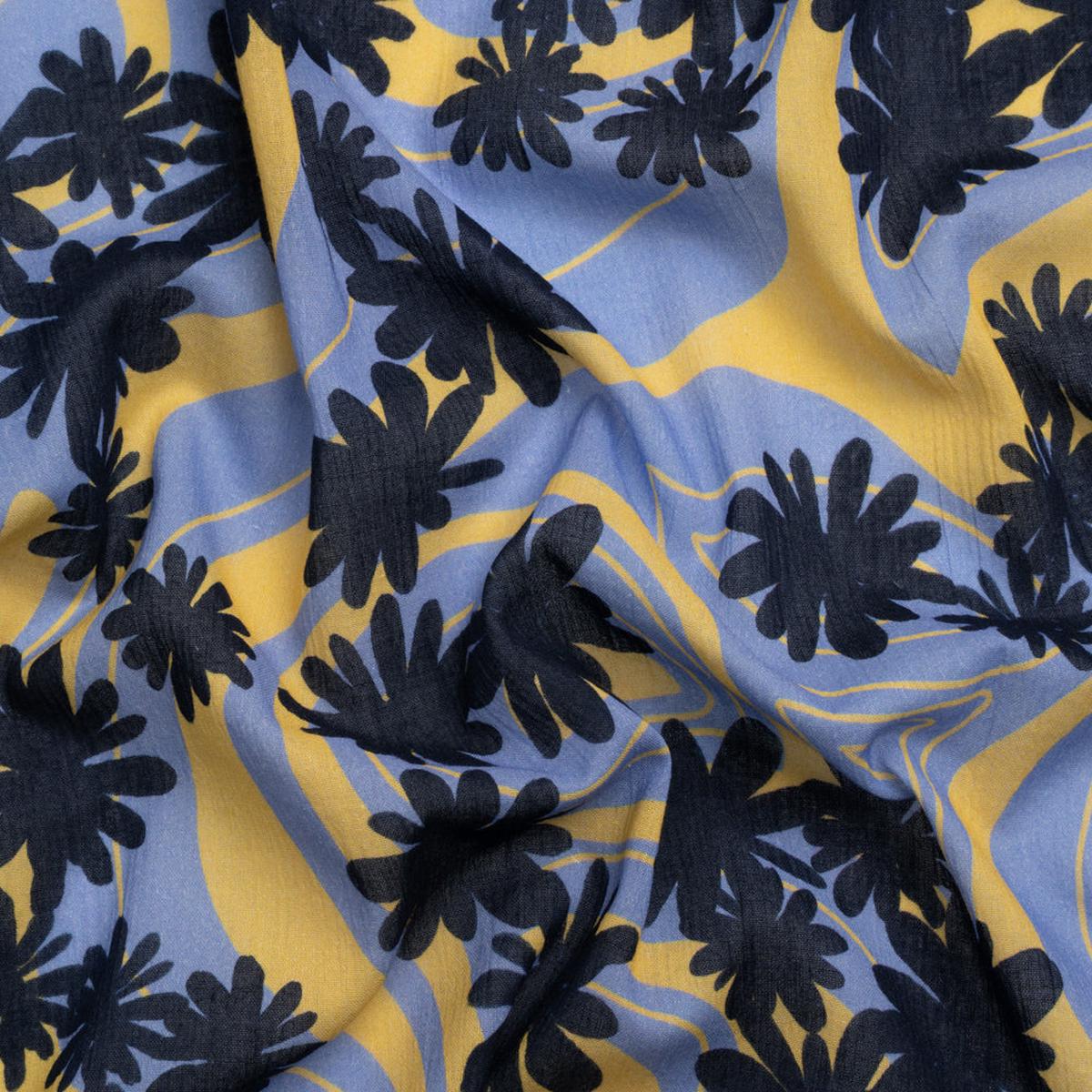Crinkled Cotton Gauzy Woven Print - Blue and Yellow Swirls and Florals - Mood Exclusive Daydreams and Daisies