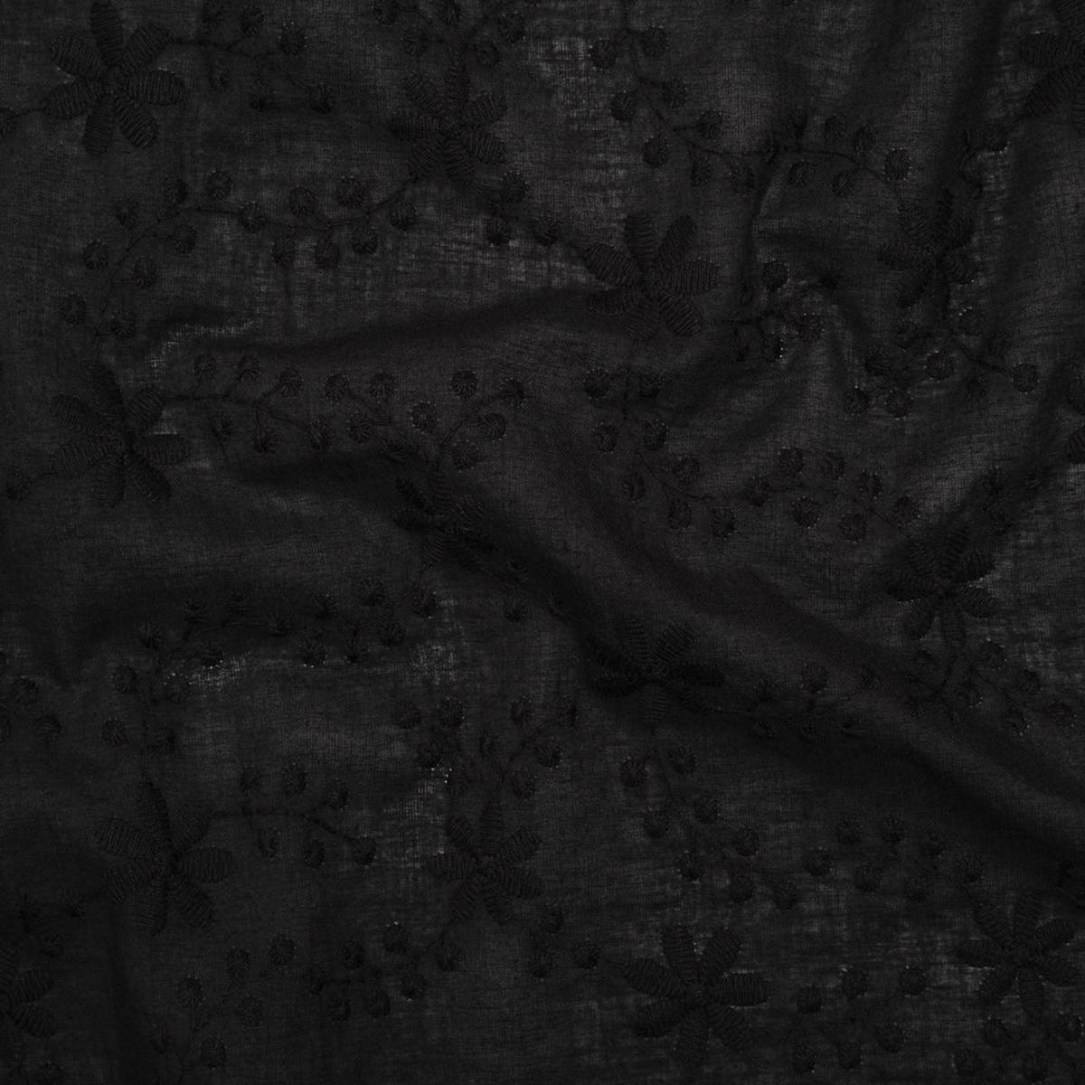 Embroidered Eyelet Cotton Voile - Black Flowers on Branches - Naomi Collection