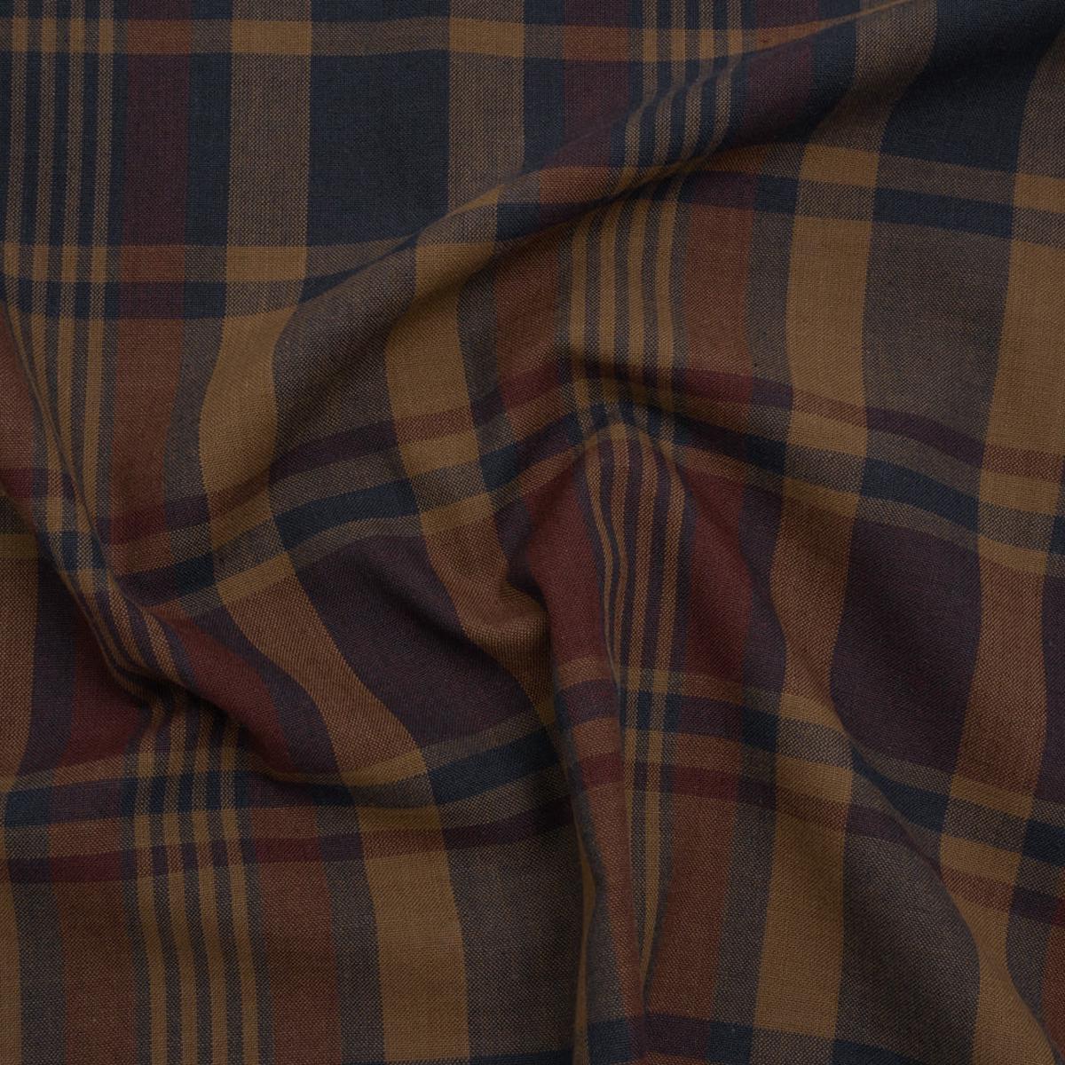 Homespun Cotton Shirting - Brown, Burgundy and Navy Plaid - Deadstock