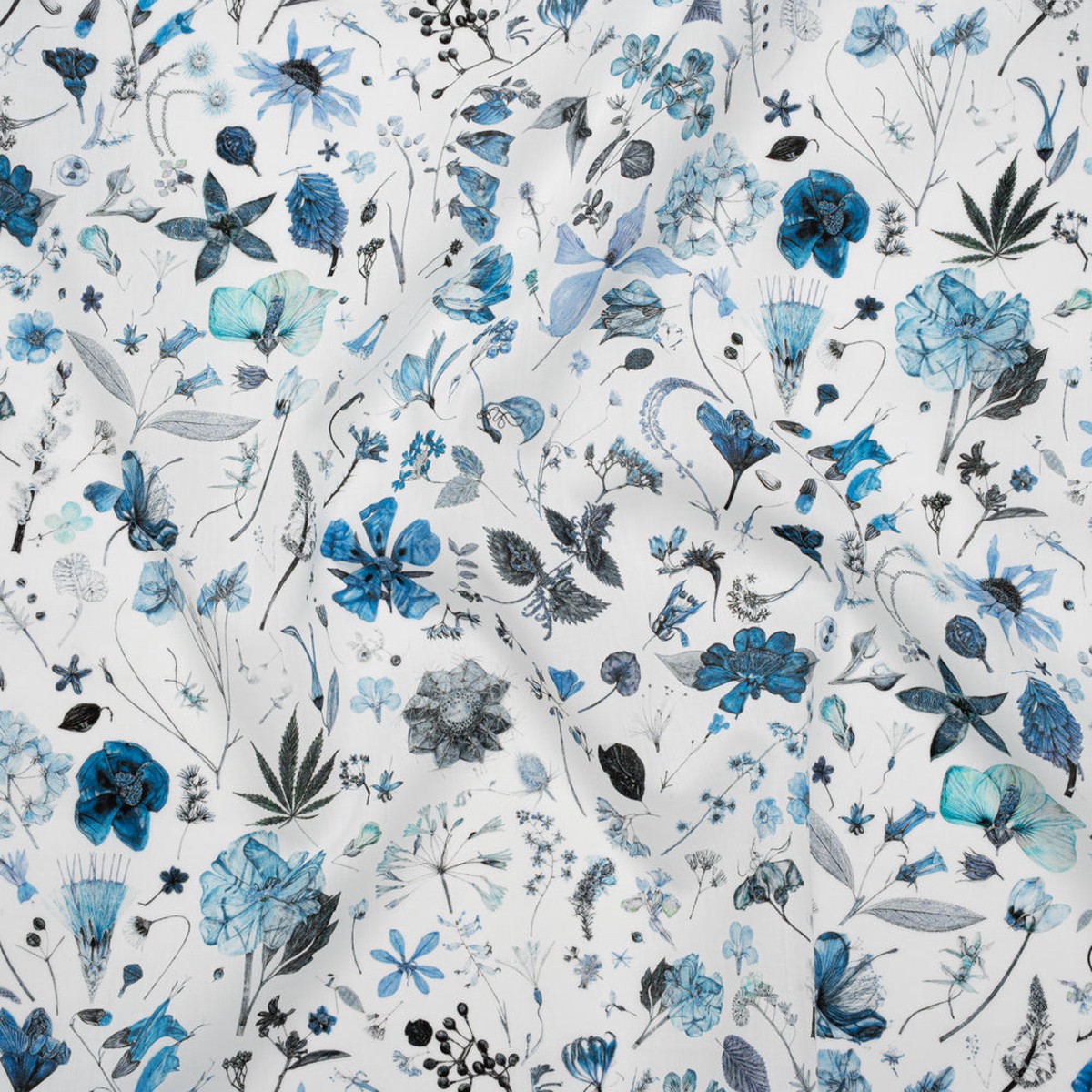 Liberty Fabrics Tana Lawn - Floral Eve Light Blue - Cobalt Gray and White Scattered Plants and Flowers