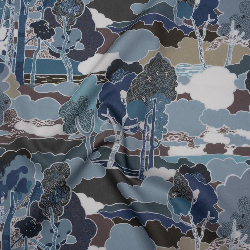 Liberty Fabrics Tana Lawn - Prospect Road Dark Blue - Navy, Storm Blue and Brown Tree Filled Landscape