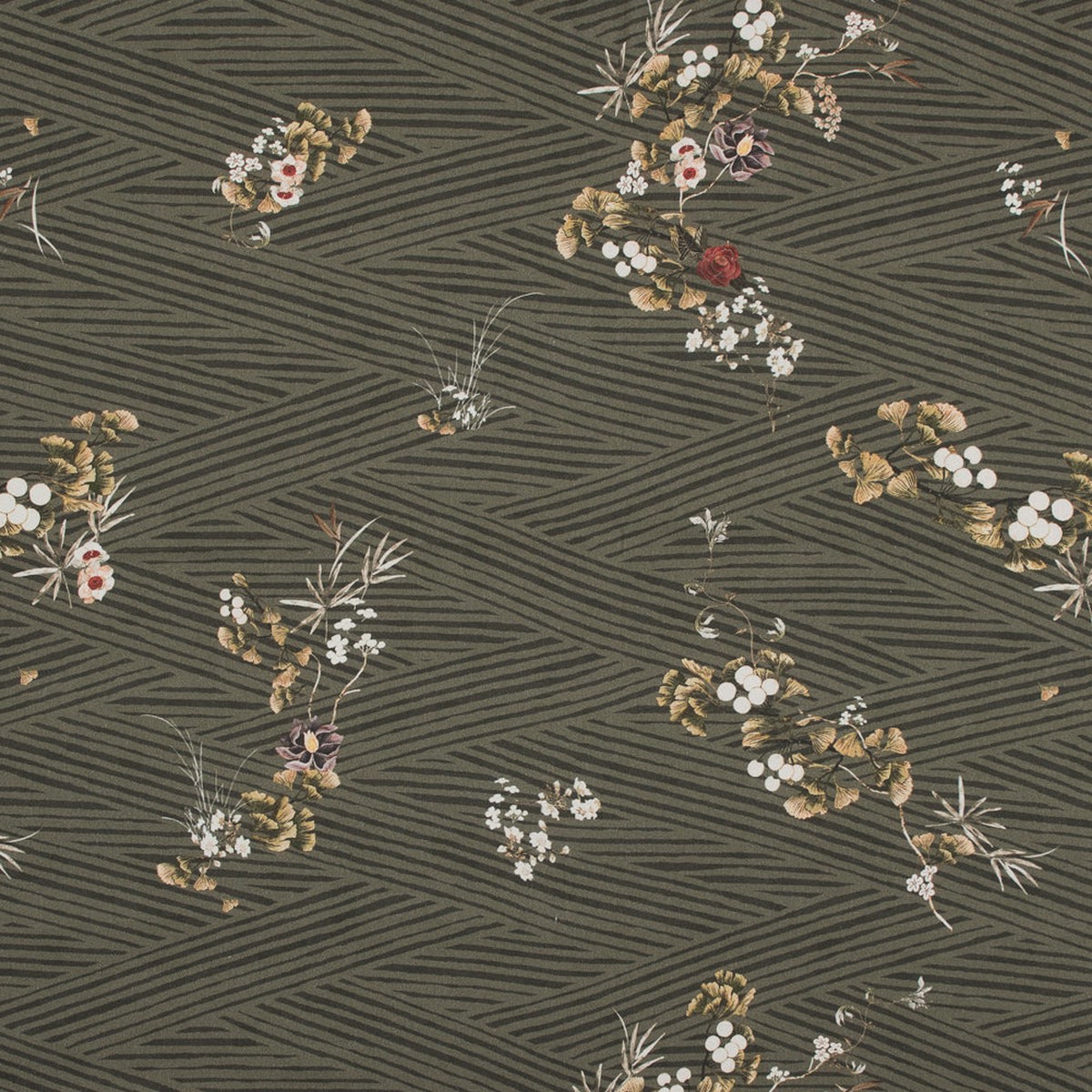 Stretch Cotton Sateen - Olive Zig Zag Stripes and Florals - Cultivation of Gratification Print - Mood Exclusive Avenable Collection