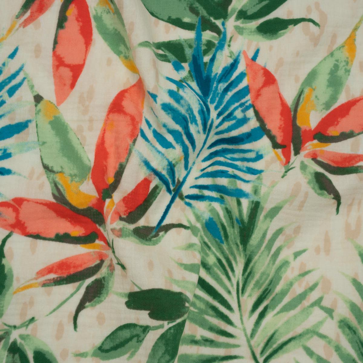 Double Cotton Gauze Print - Beige, Green and Dark Turquoise Palm Leaves - Designer Deadstock