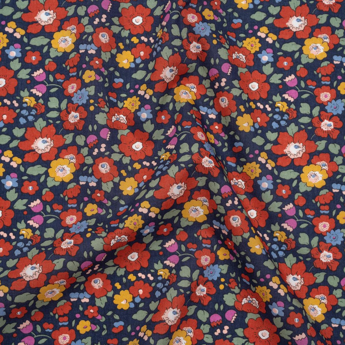 Liberty Fabrics Tana Lawn - Betsy Meadow Multi Bright - Navy Blue, Red and Yellow Illustrated Floral