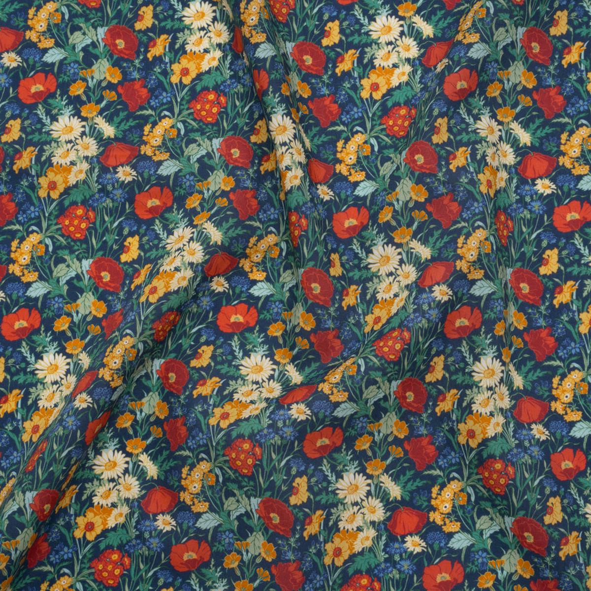 Liberty Fabrics Tana Lawn - Florence May Dark Blue - Blue, Red and Yellow Wildflower Field