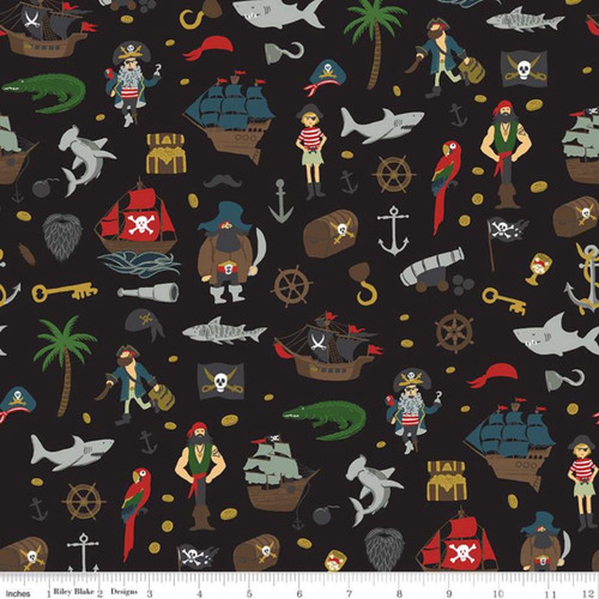 Pirate Tales Black Treasure fabric, Riley Blake Scatter Black cotton, QTR YD