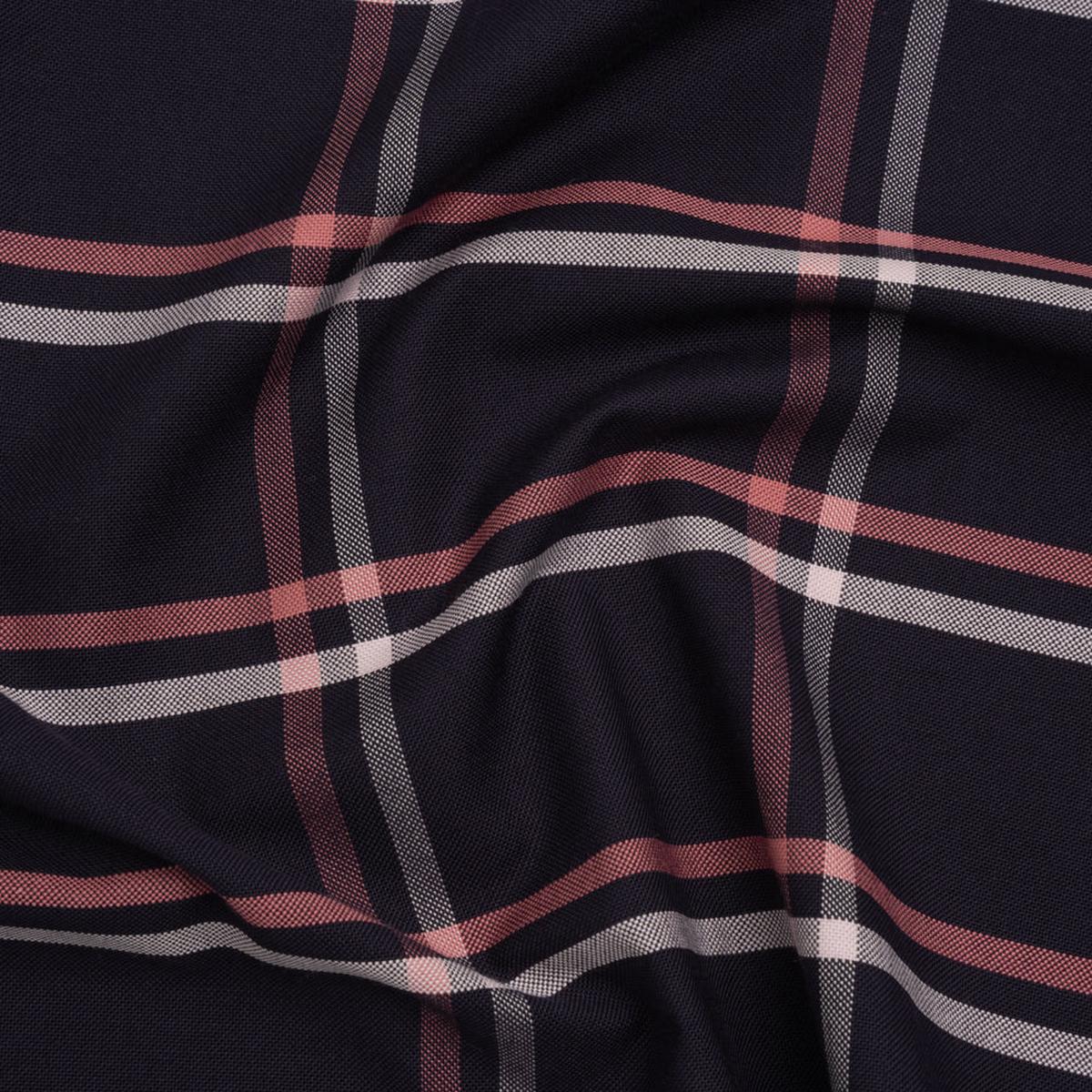 Cotton Oxford Shirting - Dark Navy, Rose Pink and White Windowpane Plaid - Deadstock
