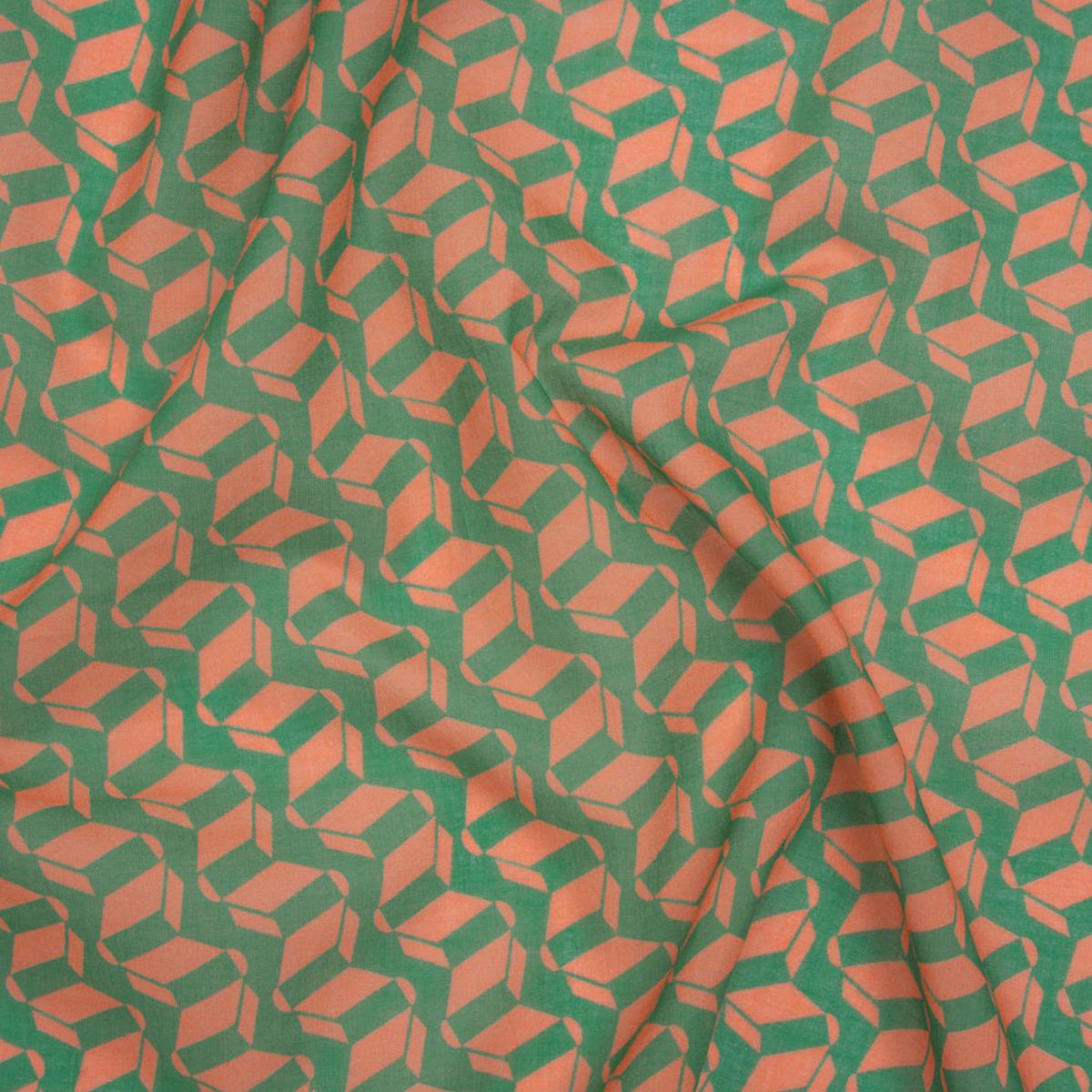 Cotton Voile Print - Kelly Green and Peach Geometric - Deadstock