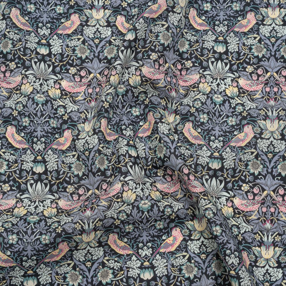 Liberty Fabrics Tana Lawn - Strawberry Thief Gray - Charcoal, Blue and Pink Birds, Berries and Flowers