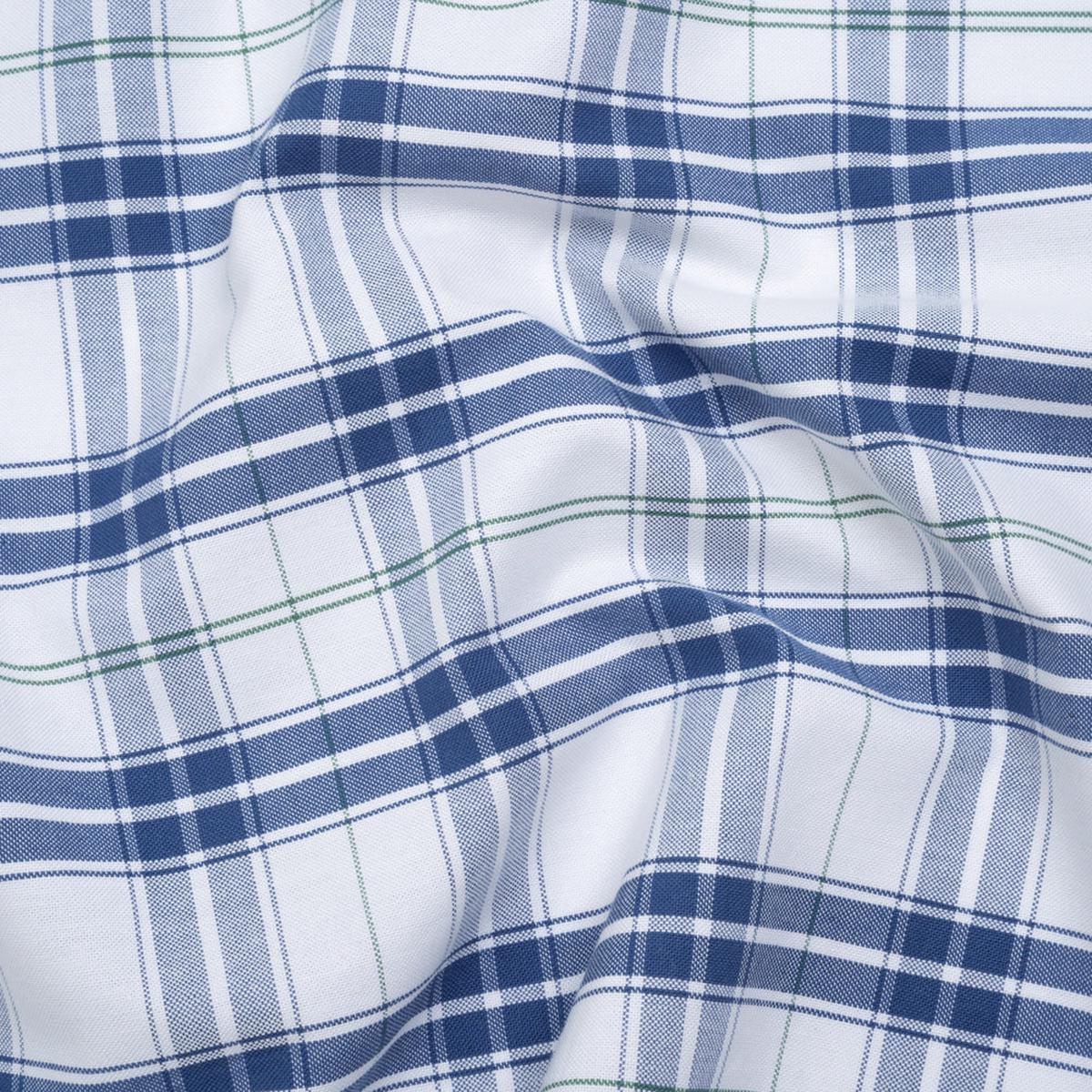 Cotton Oxford Shirting - Classic Blue, White and Leaf Green Plaid - Deadstock