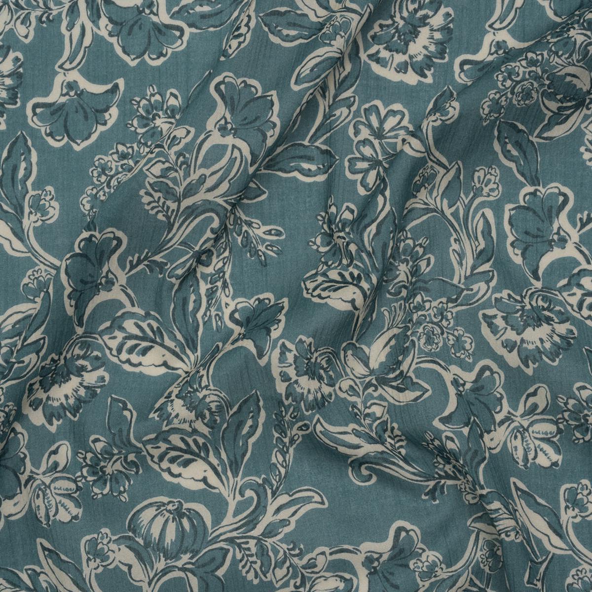 Crinkled Cotton Gauzy Woven - Sea Blue, Cream and Black Floral - Mood Exclusive Cottage Crawl Print