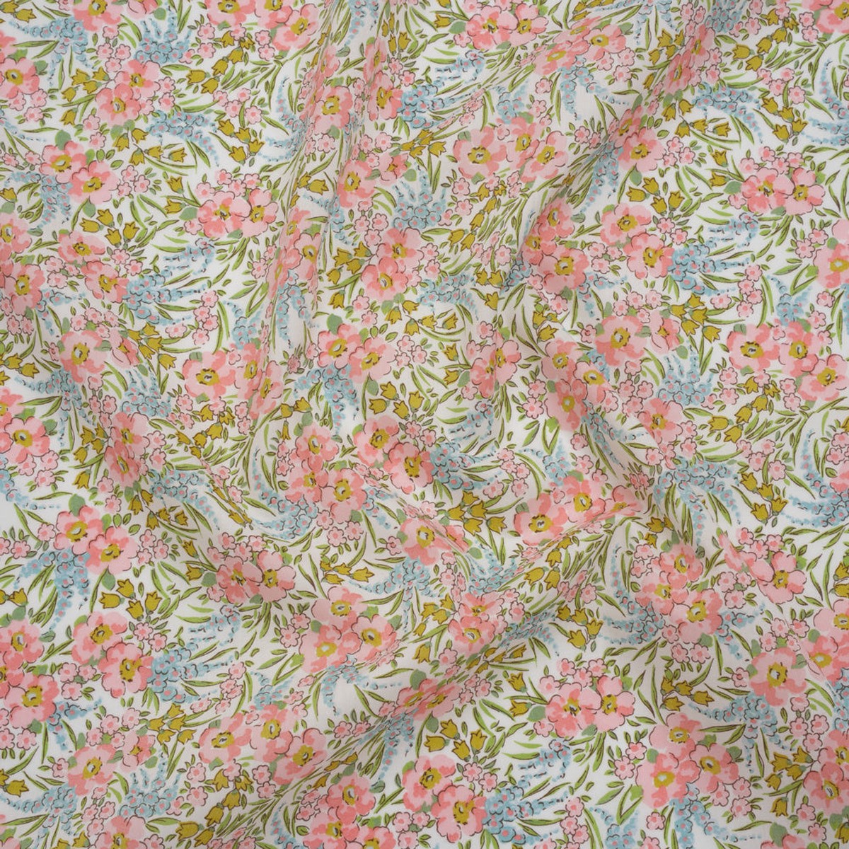 Liberty Fabrics Tana Lawn - Swirling Petals Light Pink - Baby Pink Blue and Yellow Green Floral