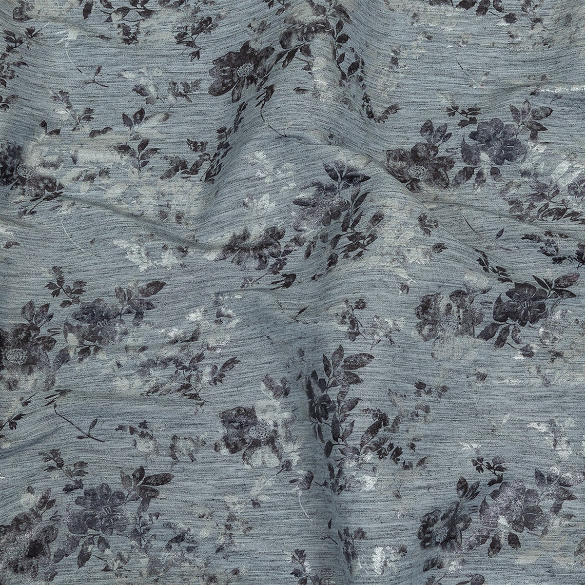 Steel Blue Silver and Gunmetal Foiled Flowers Striated Stretch Cotton Woven