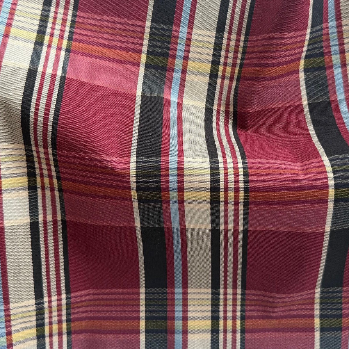 Burgundy Mock Madras Plaid Stretch Cotton Poplin Shirting (Made in Italy)