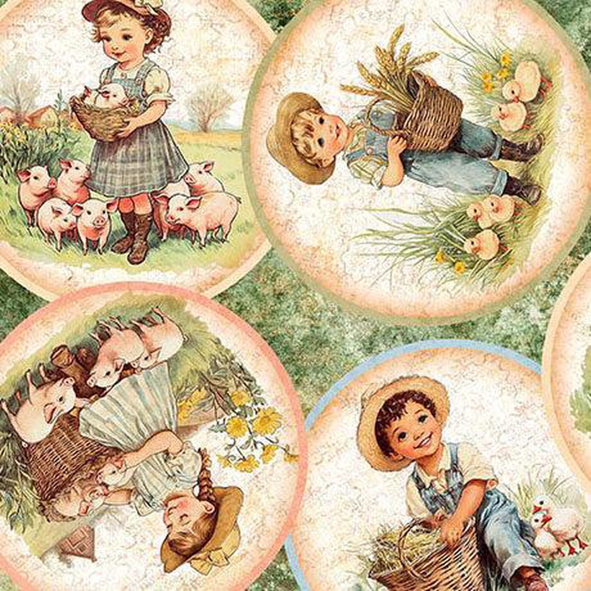 Lt Green Lil Farmers Circle Vignettes Cotton 44"/45" Fabric Per Yard