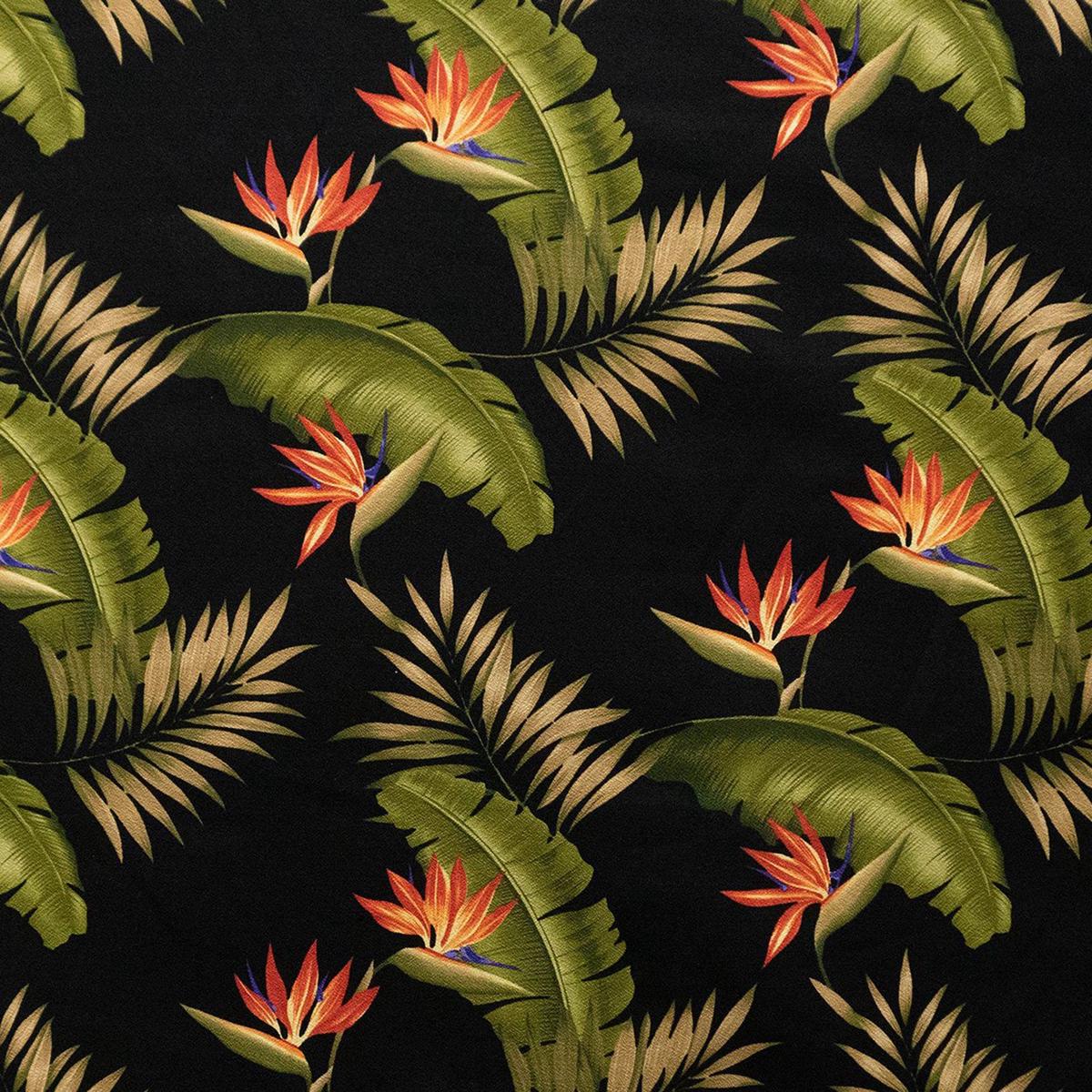 Plumeria Palm Leaf With Bird Of Paradise Seeds Cotton Fabric - Black Tropical Botanical Print, 56"-58" Width (1 Yard)
