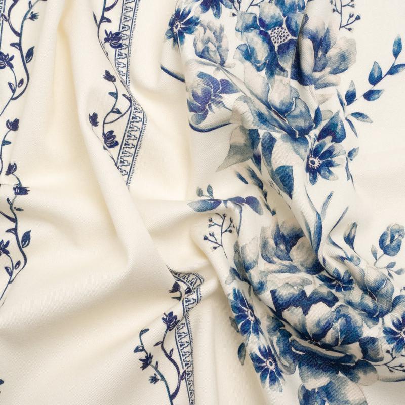 Brushed Stretch Cotton Twill Print - Navy and White Floral Stripes - Mood Exclusive Pathway to Paradise