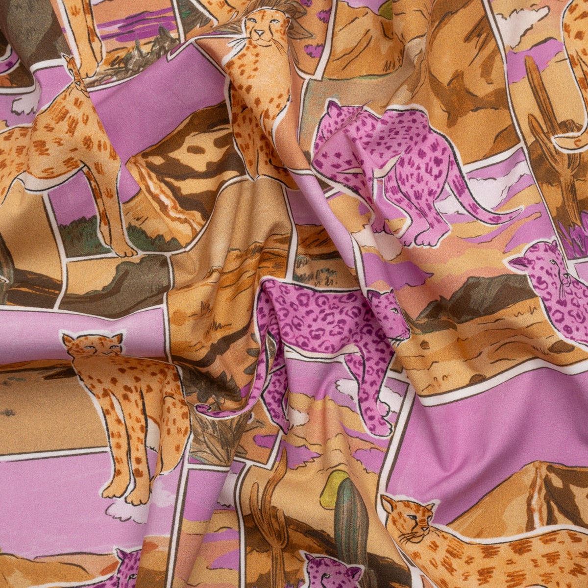 Stretch Cotton Poplin Print - Purple and Orange Big Cats Landscape Patchwork - Mood Exclusive The Meow-ve Desert