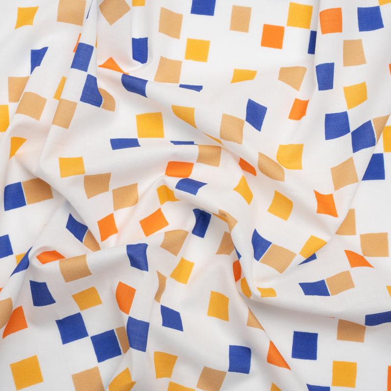 Cotton Voile Print - Blue and Orange Sqare Confetti - Mood Exclusive Cubic Field