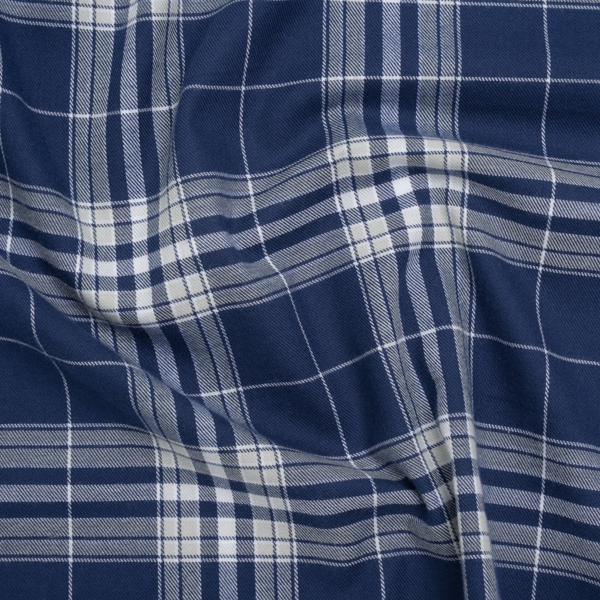 Lightweight Cotton Flannel Twill - Dark Blue Pale Gray and White Plaid - Deadstock