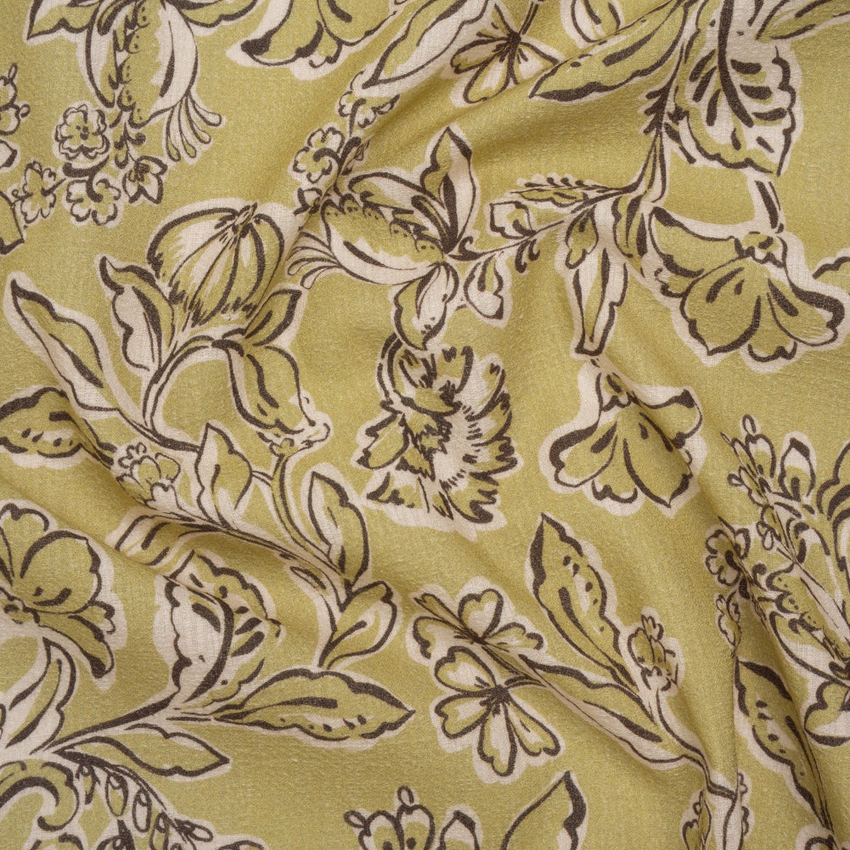 Slubbed Gauzy Cotton Woven - Pistachio Green Cream and Dark Brown Floral - Mood Exclusive Cottage Crawl Print