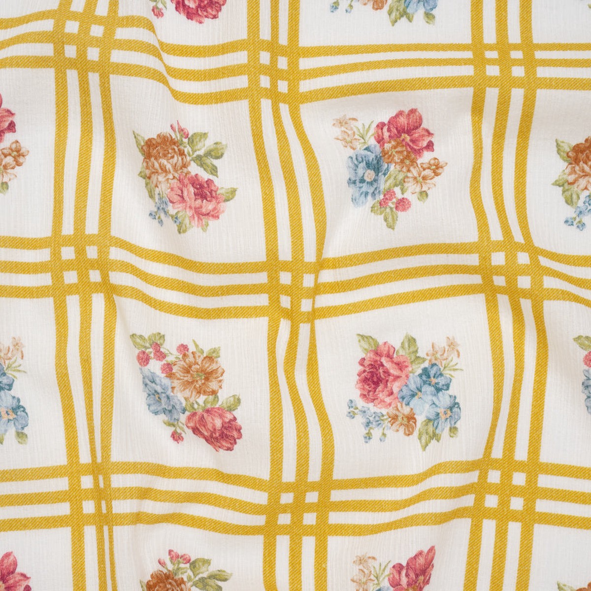 Slubbed Gauzy Cotton Woven - Yellow Ochre Red and Blue Check with Flower Bouquets - Mood Exclusive Banquet Bouquet Print