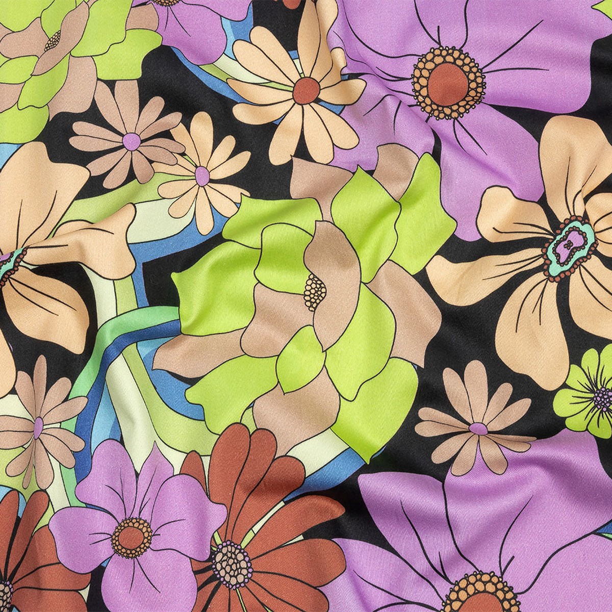Stretch Cotton Sateen - Black Beige and Purple Floral - Fanciful Flourish Print - Mood Exclusive Groove Collection